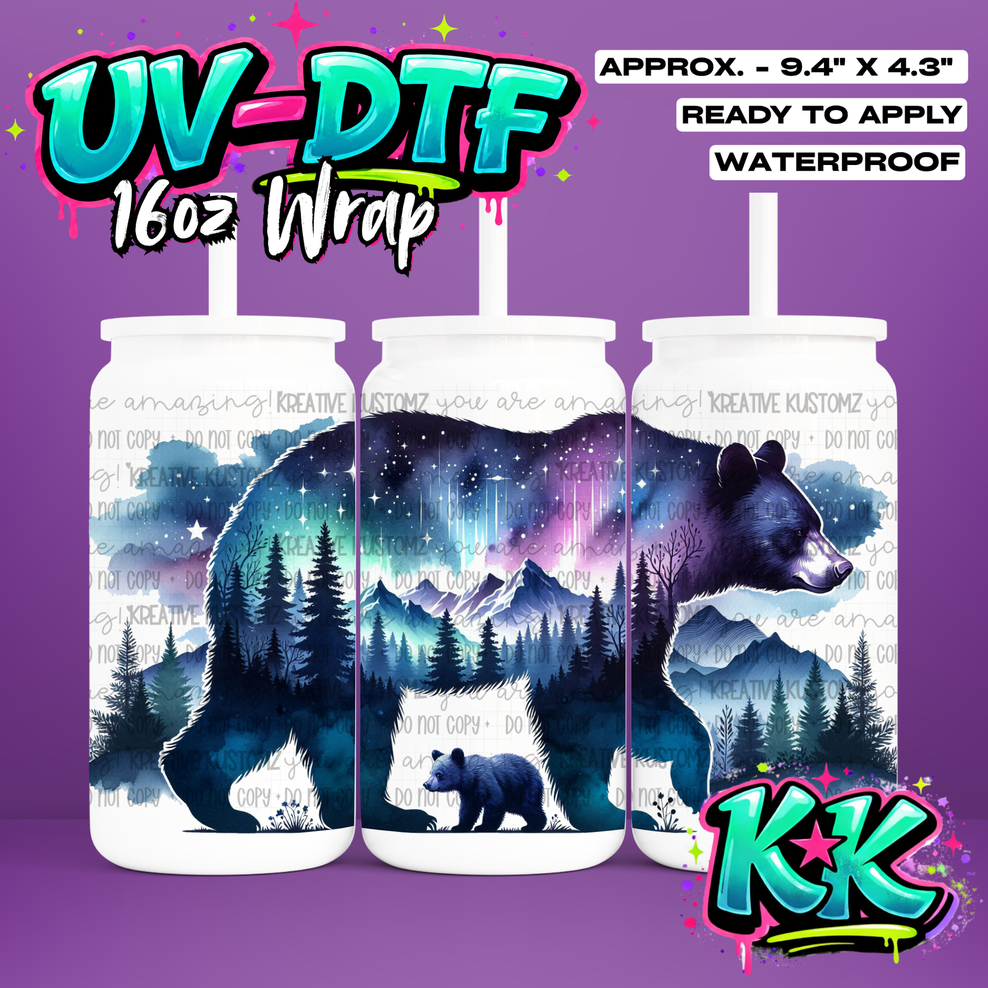 0624 | Bear Design | UV DTF Cup Wrap for 16oz Libbey Glass