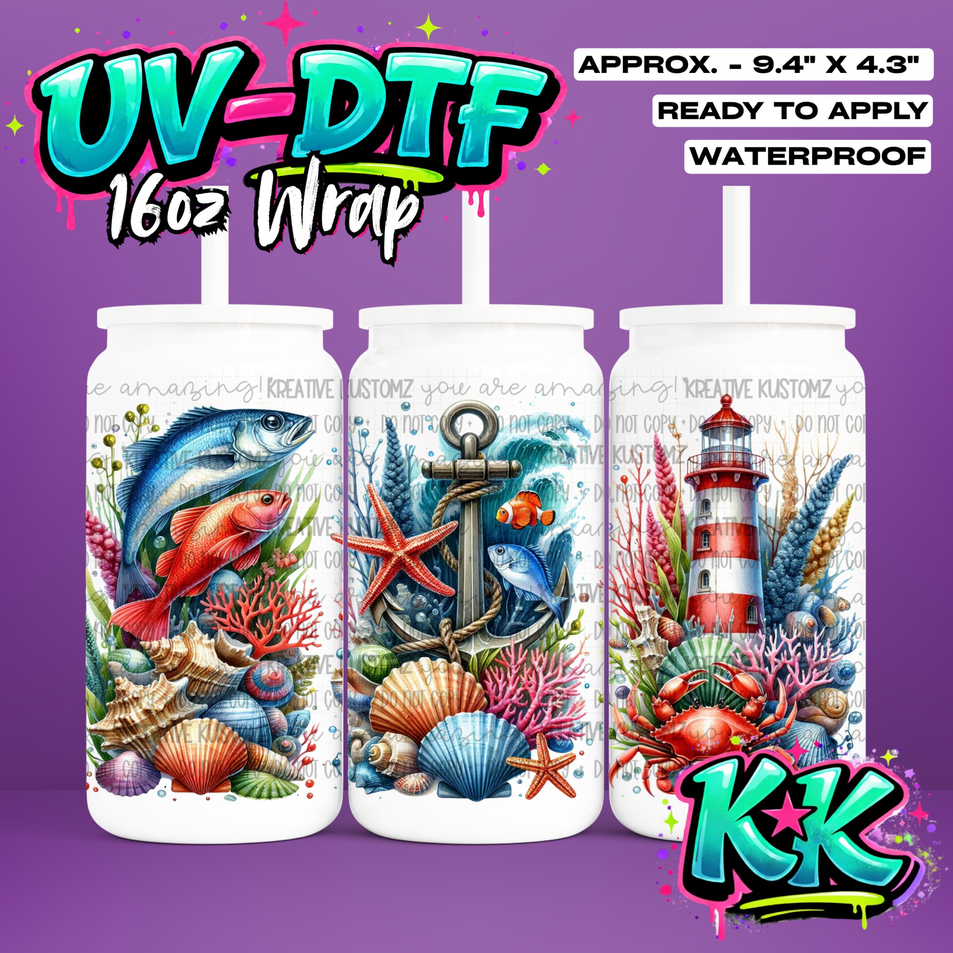 0625 | Fish Sea Design | UV DTF Cup Wrap for 16oz Libbey Glass