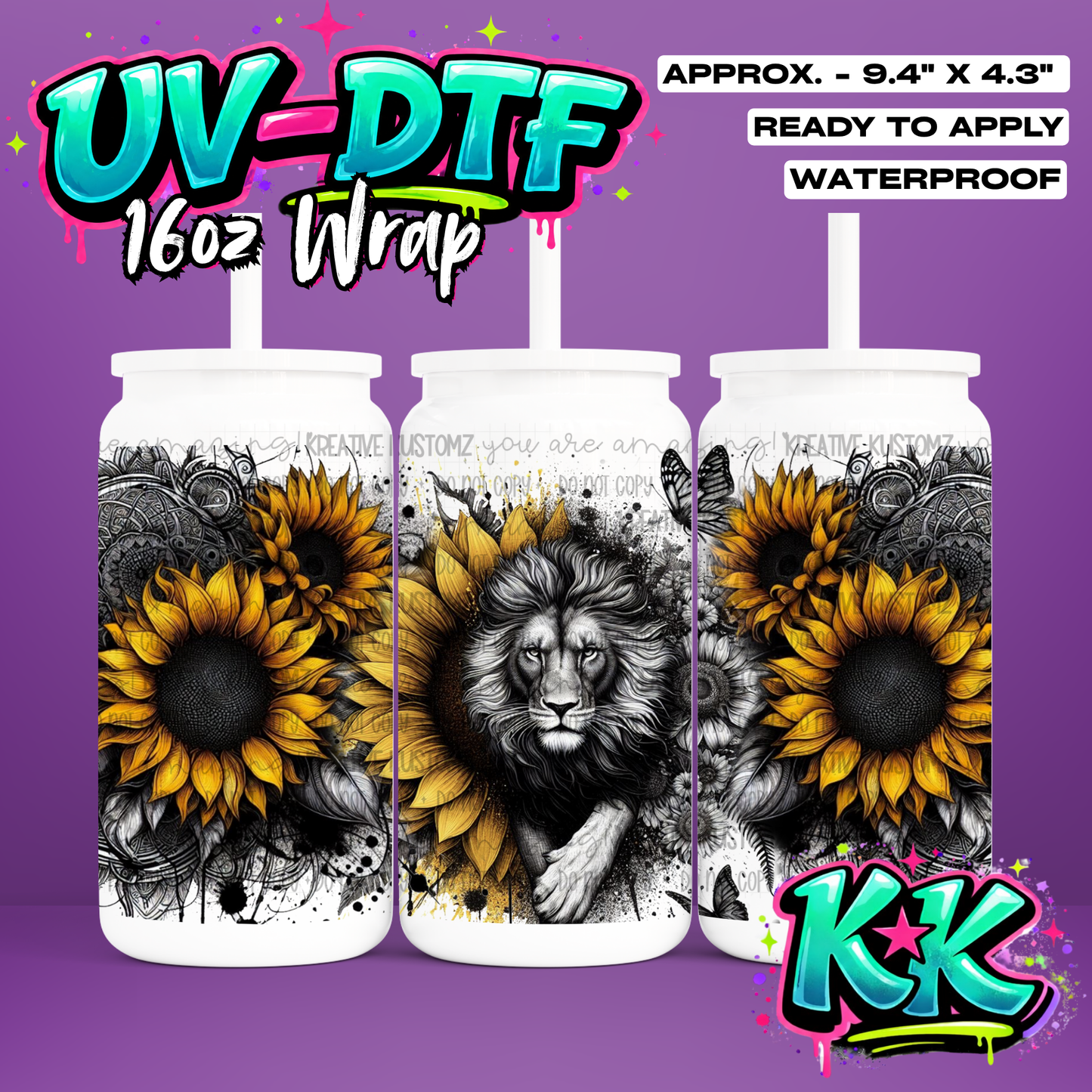 0800 | Lion Sunflower Design | UV DTF Cup Wrap for 16oz Libbey Glass