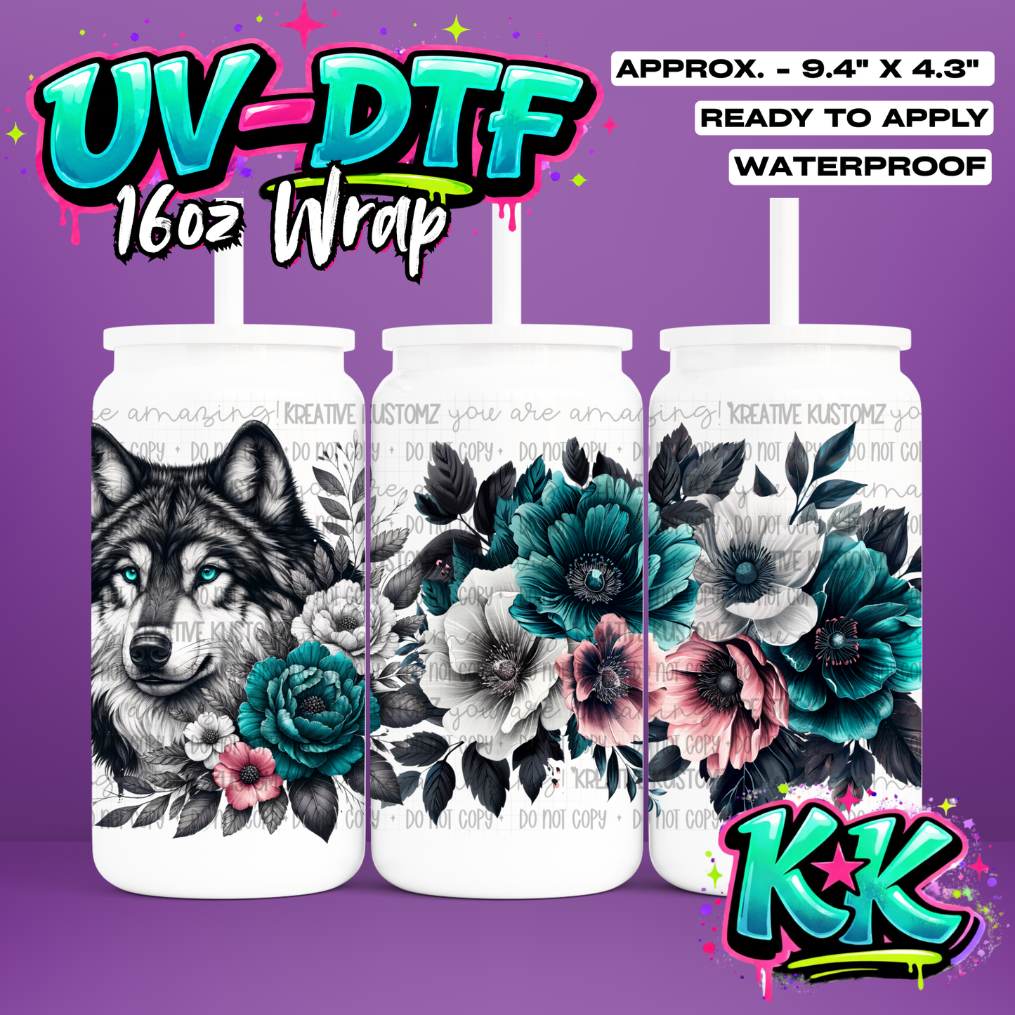 0897 | Wolf Flower Design | UV DTF Cup Wrap for 16oz Libbey Glass