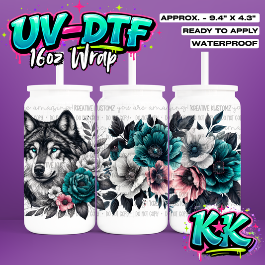 0897 | Wolf Flower Design | UV DTF Cup Wrap for 16oz Libbey Glass