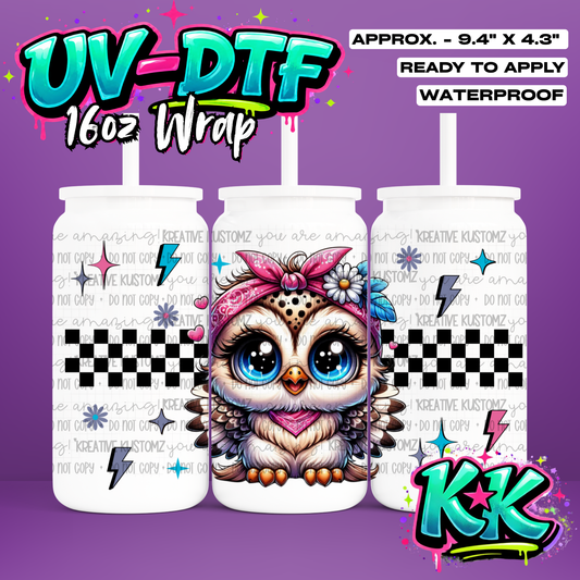 0918 | Owl Design | UV DTF Cup Wrap for 16oz Libbey Glass