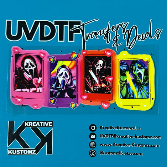 A UV DTF cup wrap featuring four colorful polaroid-style frames of the Ghostface horror character.