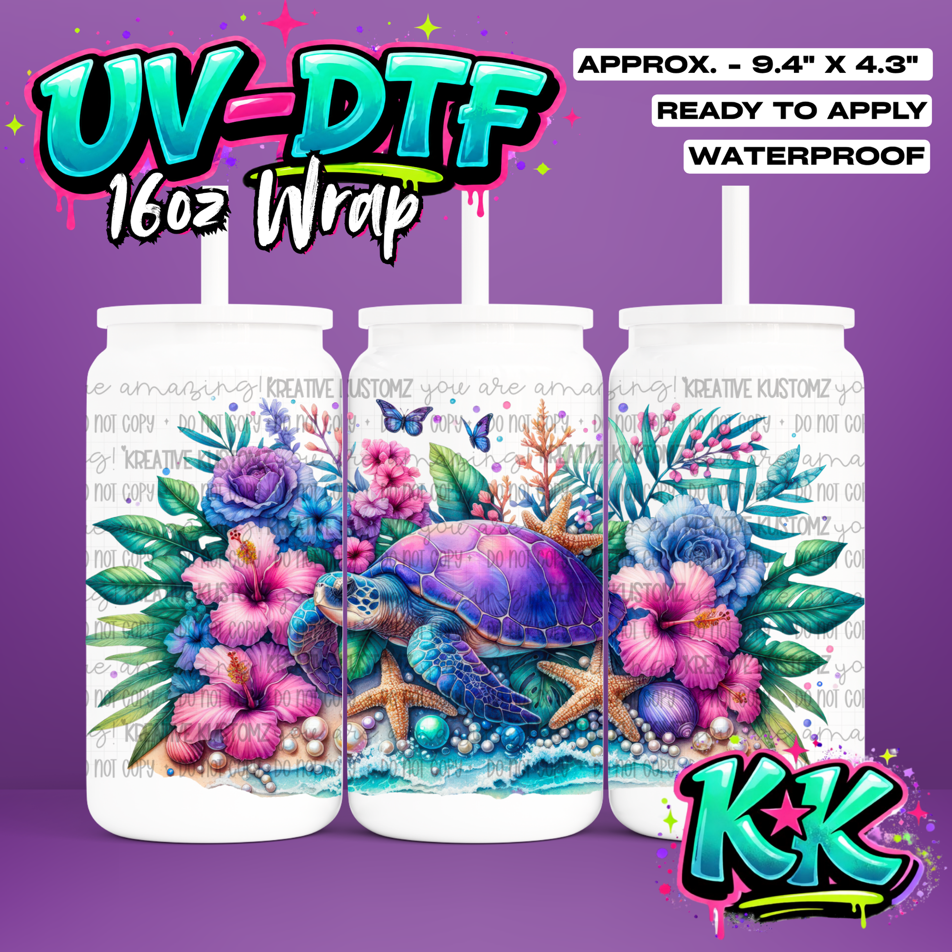 RTS | Turtle Flower Design | UV DTF Cup Wrap for 16oz Libbey Glass