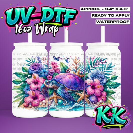 RTS | Turtle Flower Design | UV DTF Cup Wrap for 16oz Libbey Glass