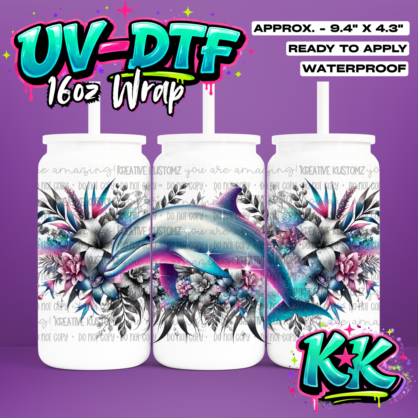 1109 | Dolphin Design | UV DTF Cup Wrap for 16oz Libbey Glass
