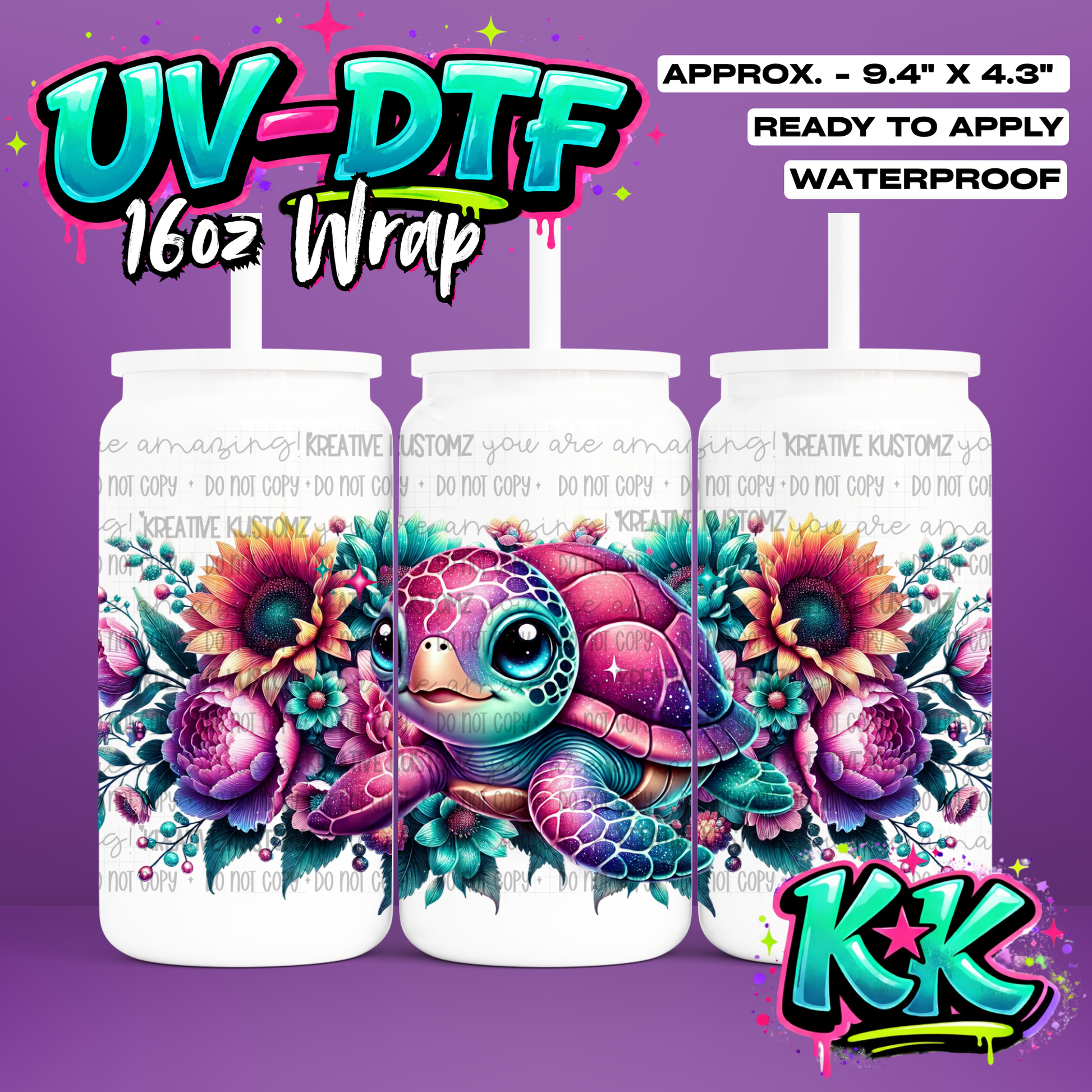 RTS | Turtle Flower Design | UV DTF Cup Wrap for 16oz Libbey Glass
