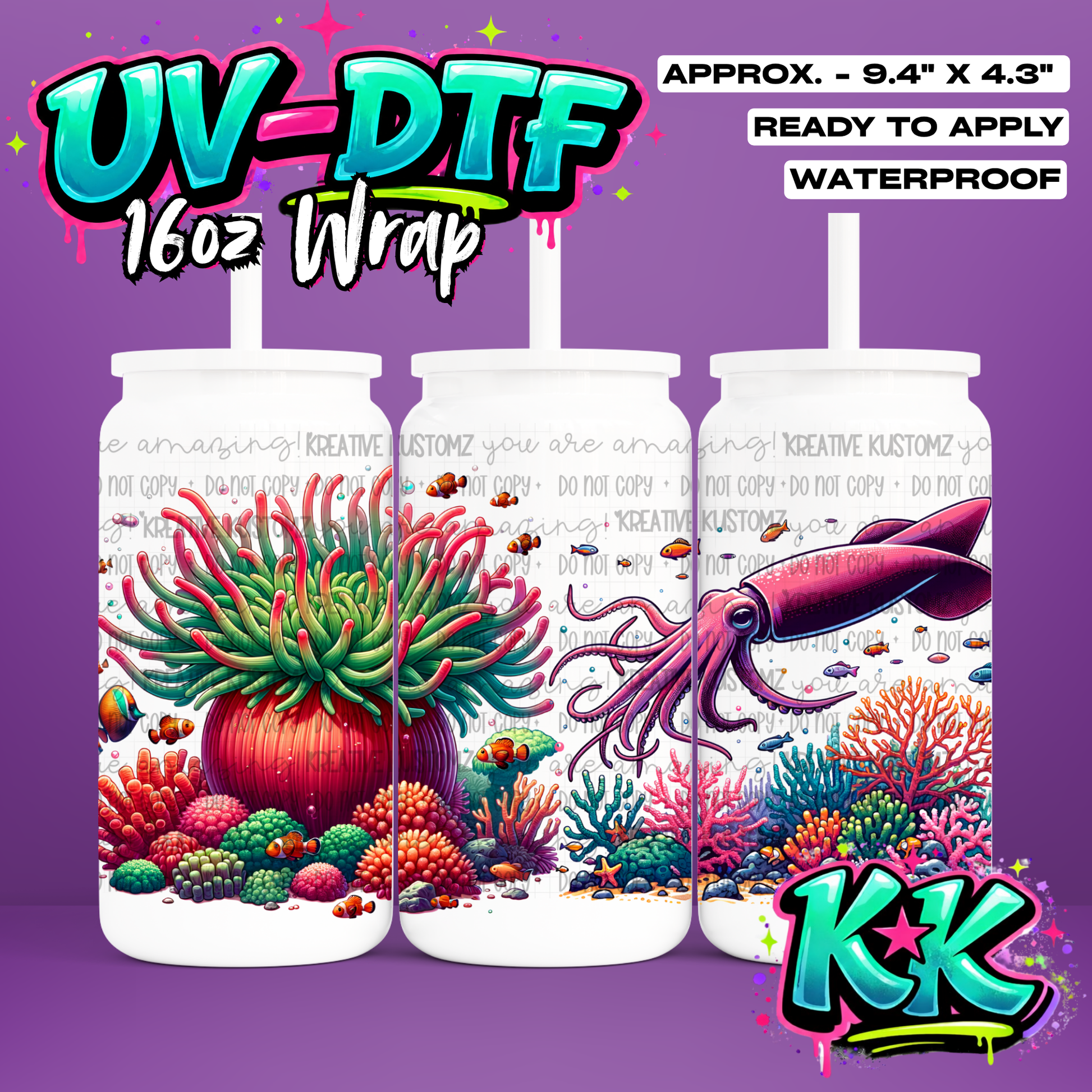 1129 | Fish Sea Design | UV DTF Cup Wrap for 16oz Libbey Glass