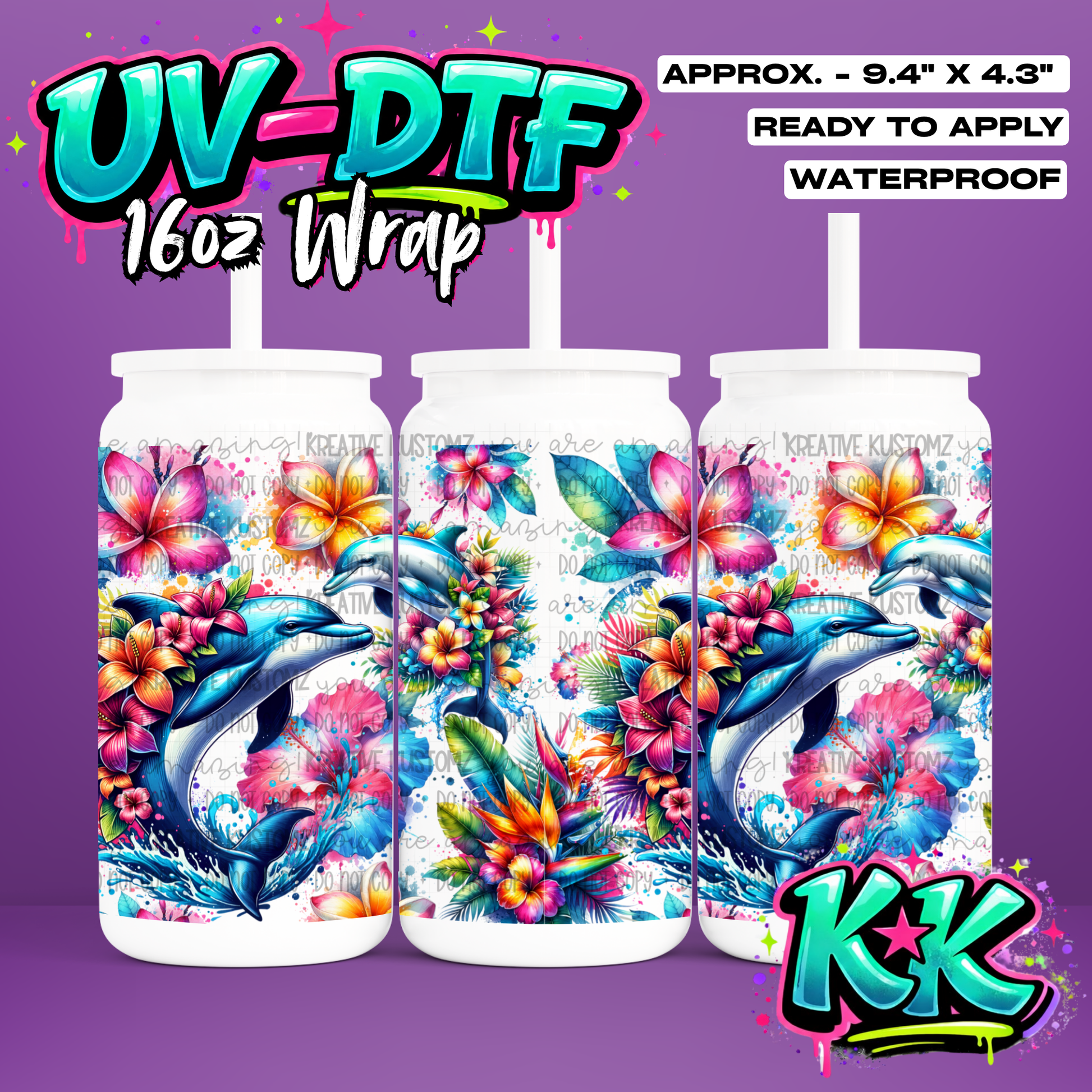 1176 | Dolphin Design | UV DTF Cup Wrap for 16oz Libbey Glass