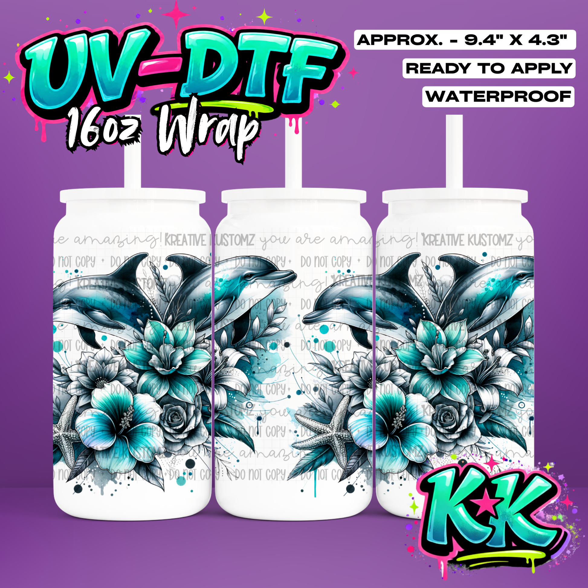 1181 | Dolphin Design | UV DTF Cup Wrap for 16oz Libbey Glass