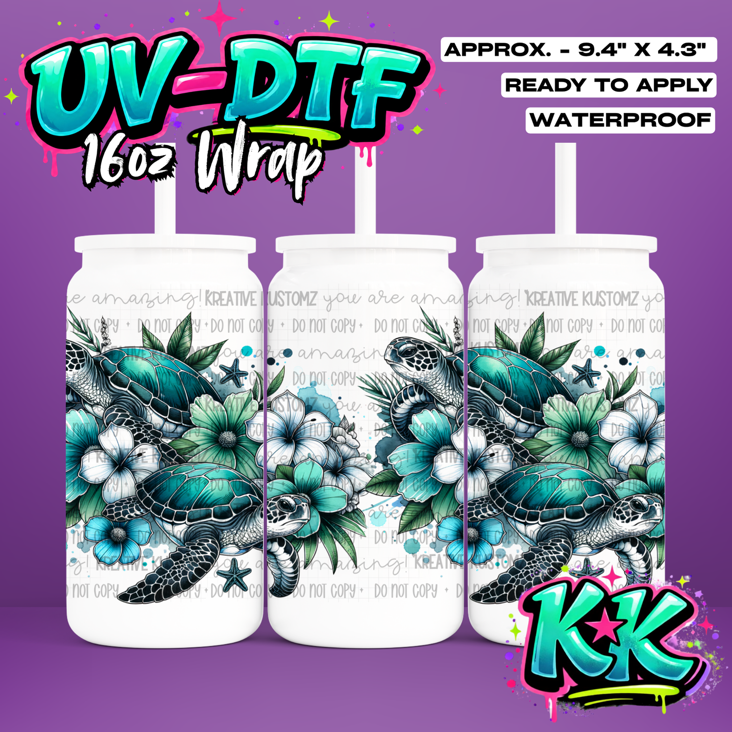 1187 | Turtle Flower Design | UV DTF Cup Wrap for 16oz Libbey Glass
