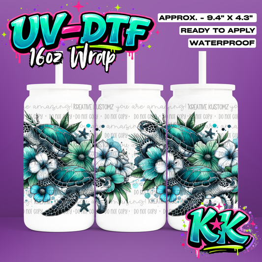 1187 | Turtle Flower Design | UV DTF Cup Wrap for 16oz Libbey Glass