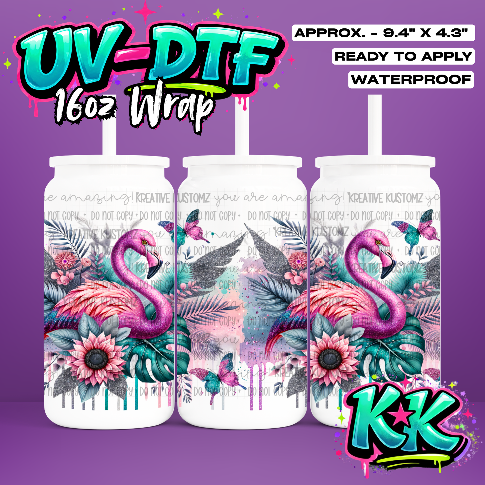 1194 | Flamingo Design | UV DTF Cup Wrap for 16oz Libbey Glass