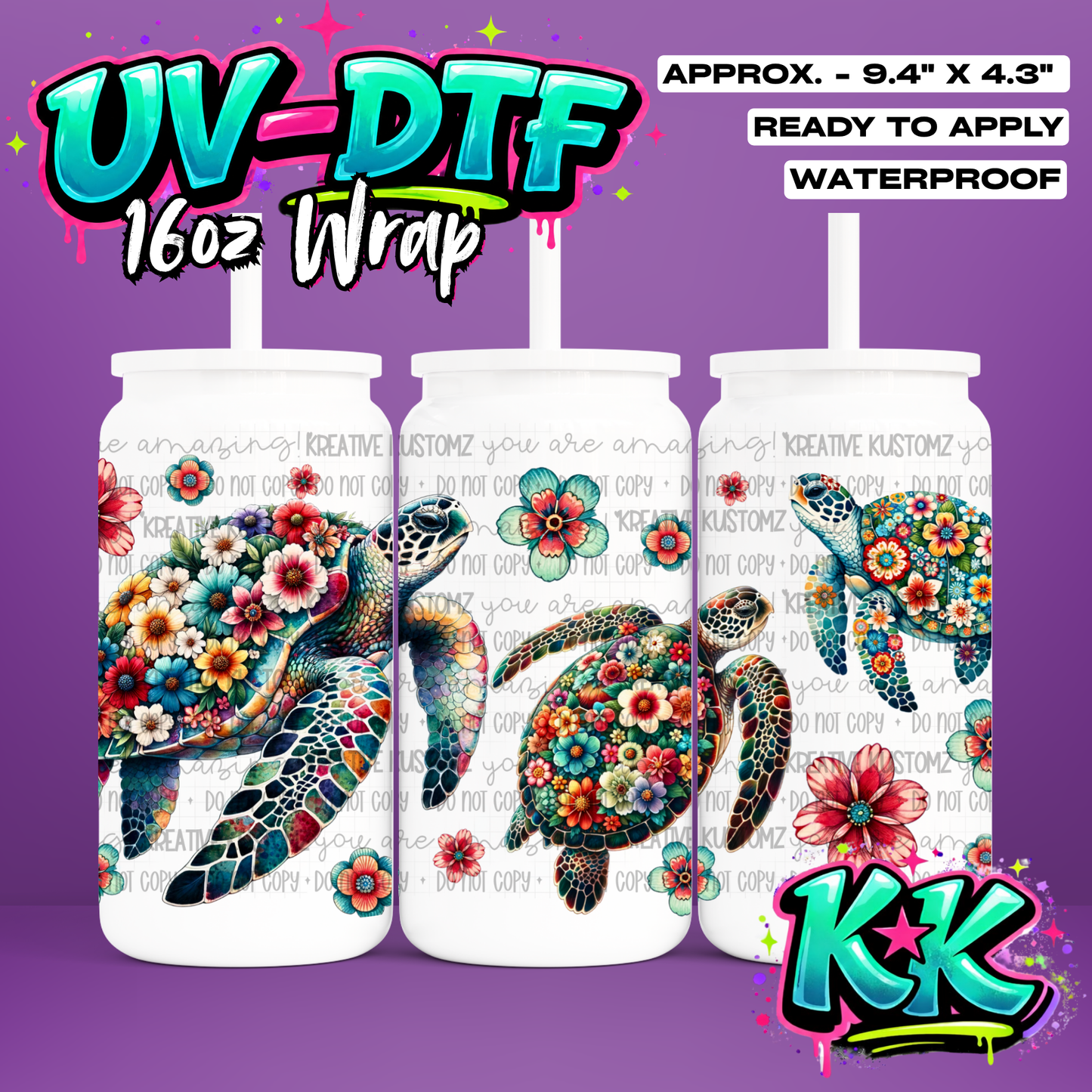1196 | Turtle Flower Design | UV DTF Cup Wrap for 16oz Libbey Glass