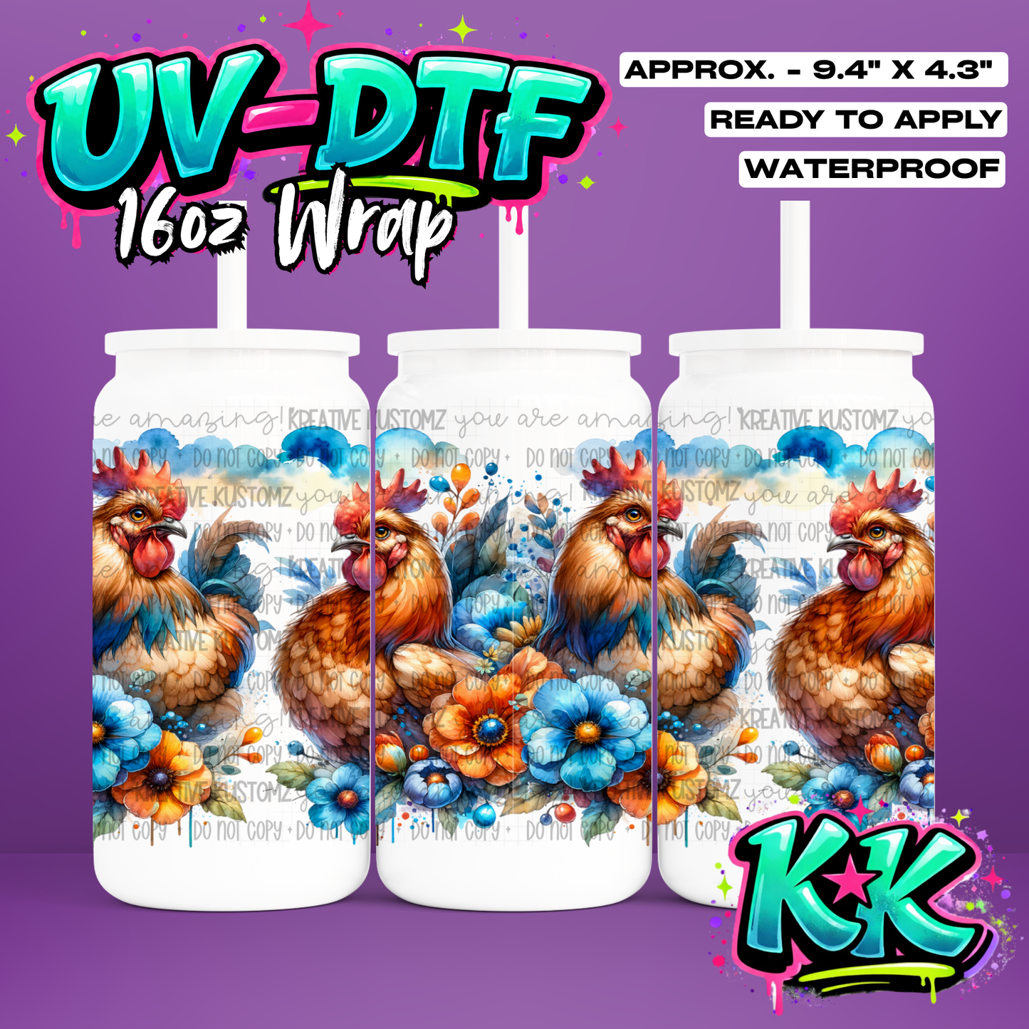 1197 | Chicken Design | UV DTF Cup Wrap for 16oz Libbey Glass