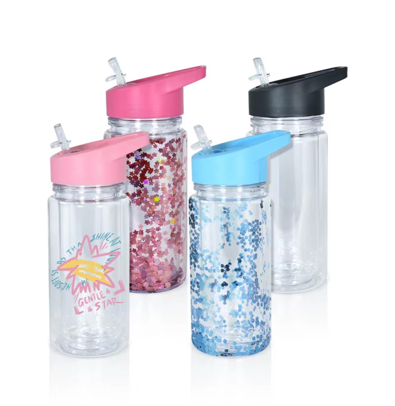 Four 10oz acrylic tumblers with straws and colorful lids, two filled with glitter and two clear.