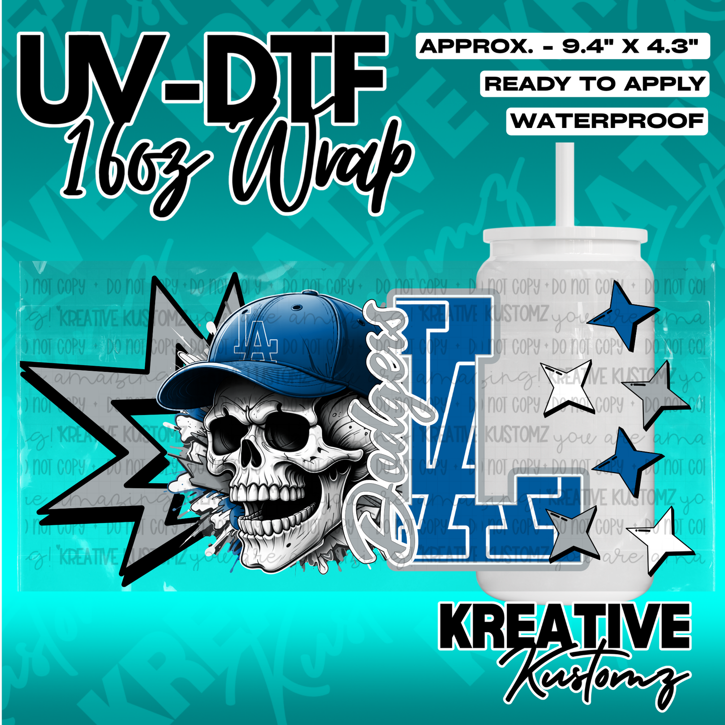 A UV DTF adhesive wrap for a 16oz glass cup featuring a skull wearing a blue baseball cap.