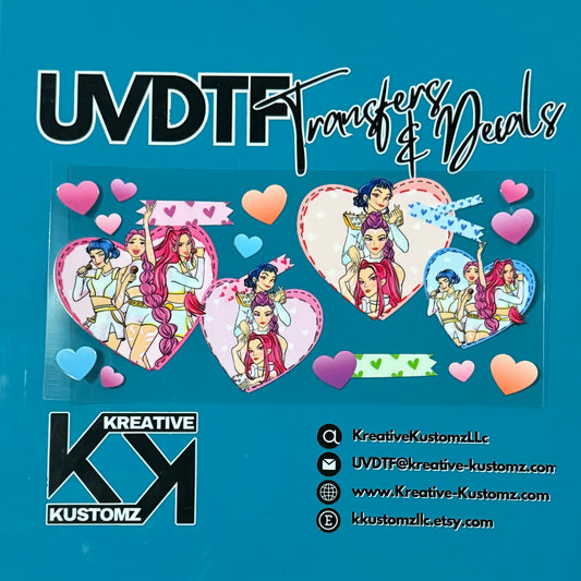 A UV DTF cup wrap featuring cartoon girl group illustrations inside heart shapes on a blue background.