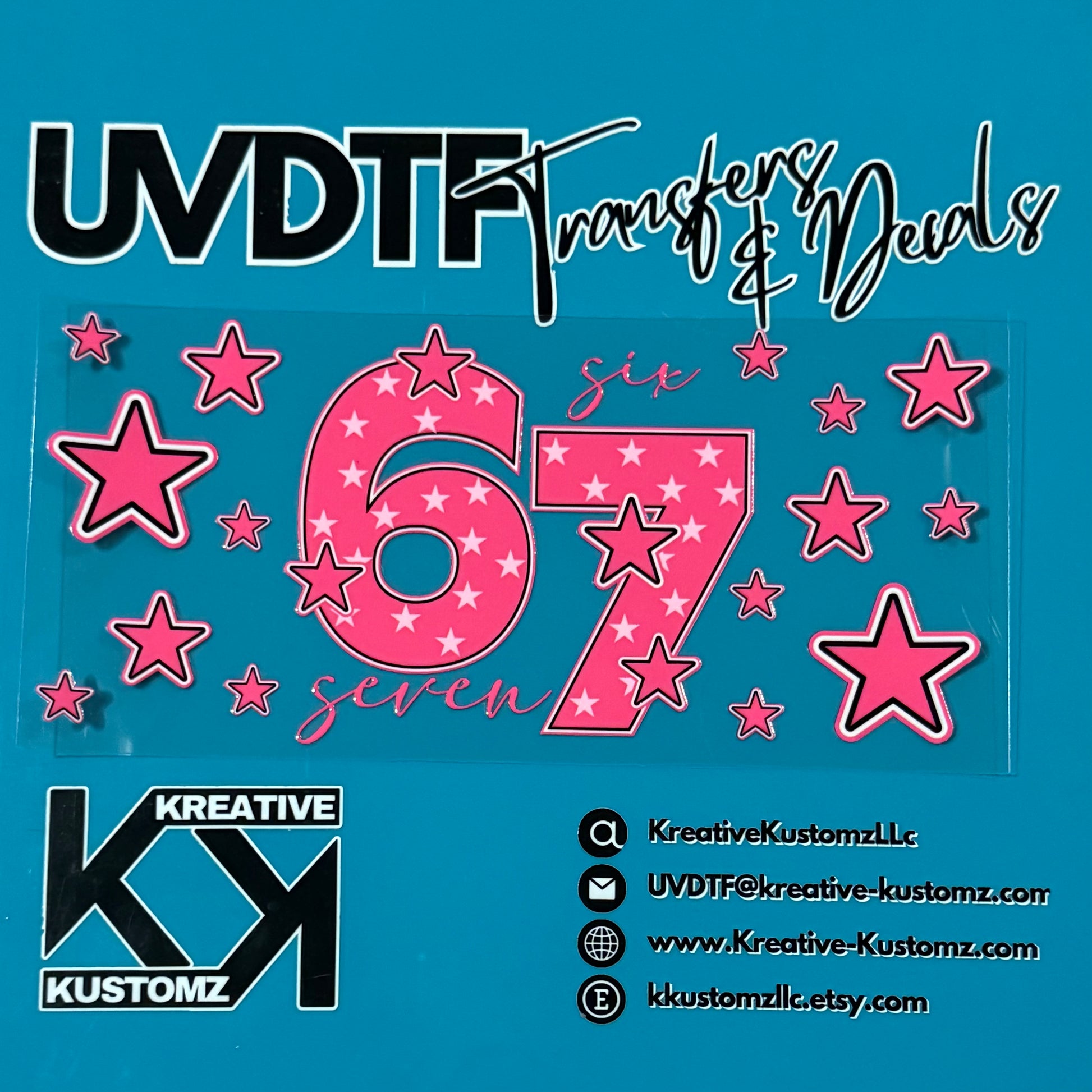 A pink number 67 cup wrap decal with star patterns and text on a blue background.