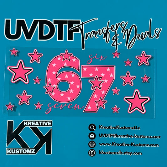 A pink number 67 cup wrap decal with star patterns and text on a blue background.