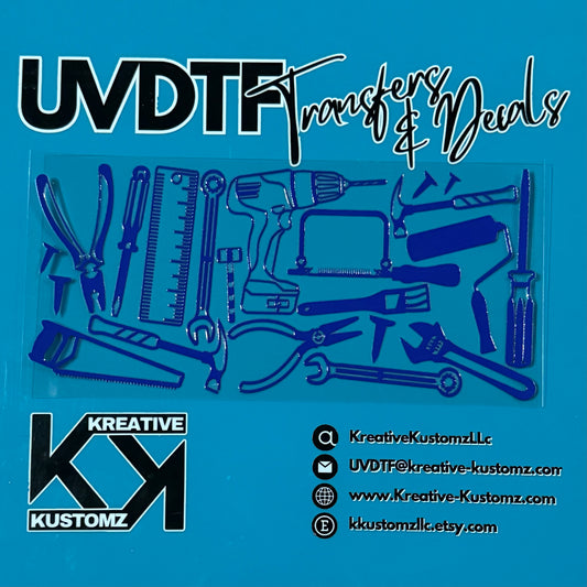 A blue UV DTF adhesive cup wrap featuring a pattern of various construction tools.