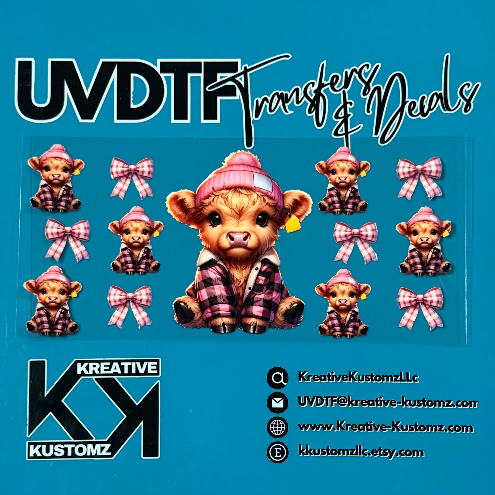A sheet of UV DTF transfers featuring a highland cow in a pink beanie and plaid shirt with bows.