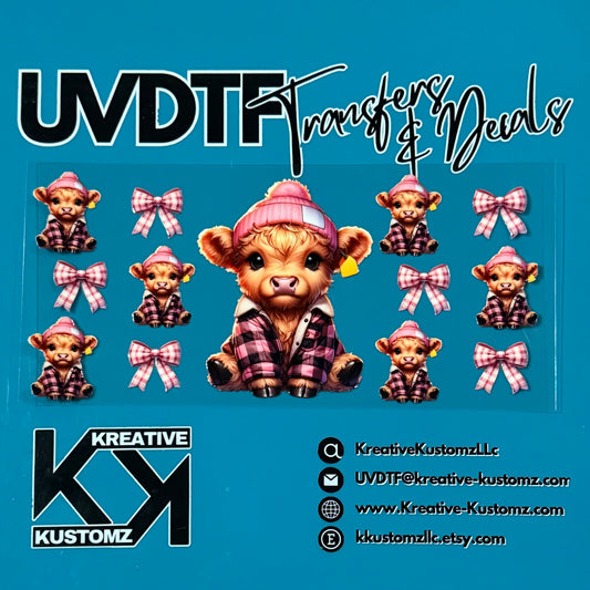 A sheet of UV DTF transfers featuring a highland cow in a pink beanie and plaid shirt with bows.
