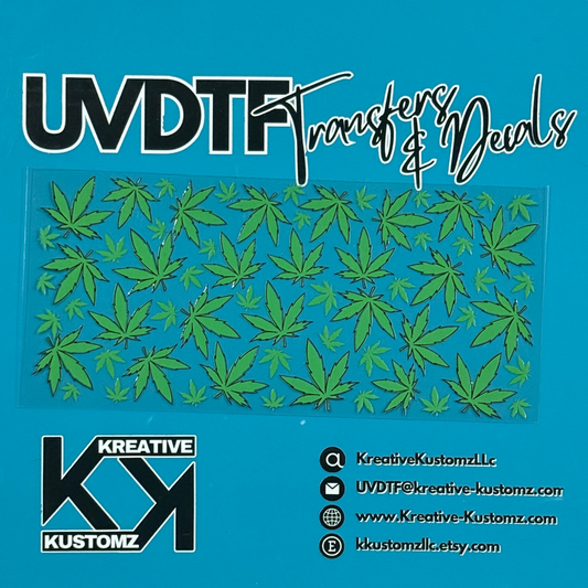 A UV DTF adhesive cup wrap featuring a pattern of green cannabis leaves on a clear backing.