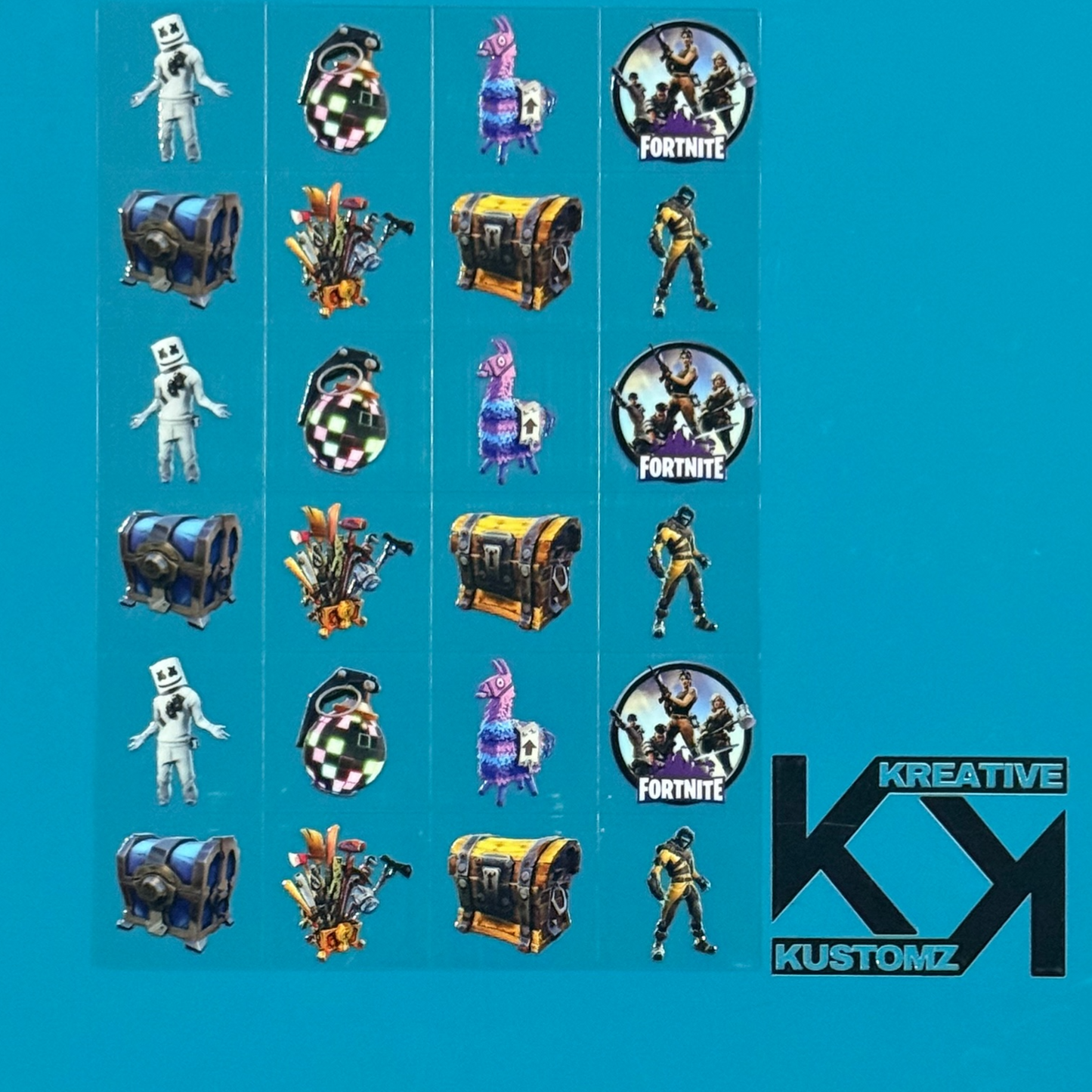 An A5 sheet of 24 precut Fortnite-themed UV DTF decals featuring characters and game items.