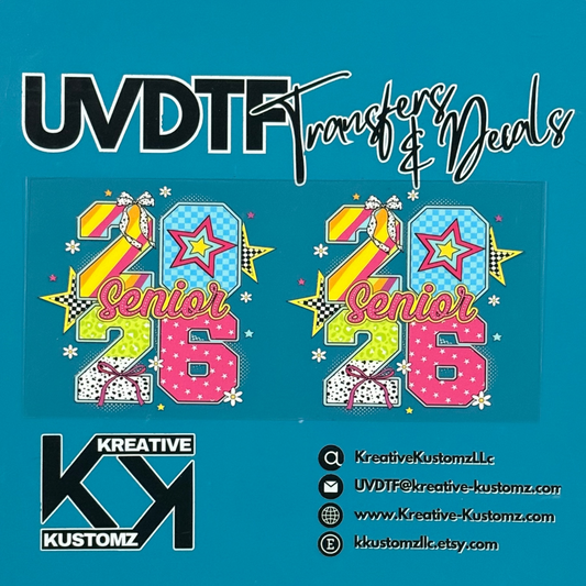 Two colorful Senior 2026 UV DTF adhesive wraps for 16oz glass cups on a teal background.