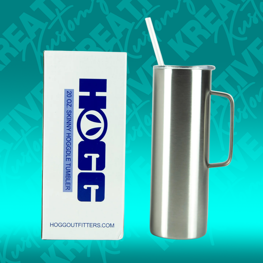 A 20oz stainless steel skinny tumbler with a handle, shown next to its product box.
