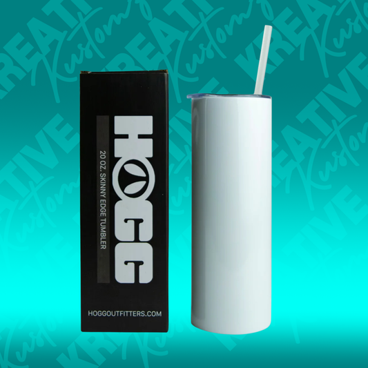 A white 20oz stainless steel skinny tumbler with a clear lid and straw stands next to its black packaging box.