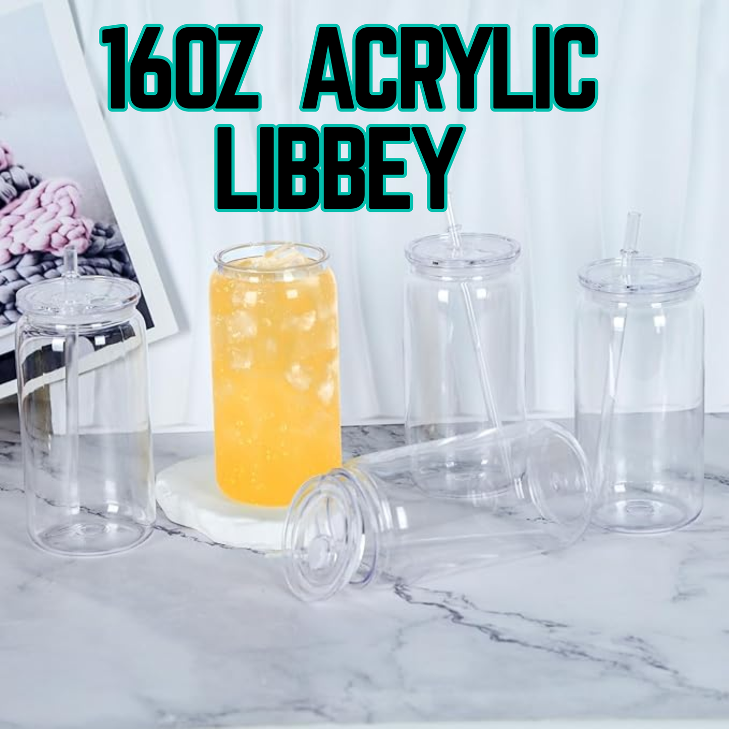 16oz Transparent Acrylic Plastic Libbey Beer Cans with PP Lids - EA