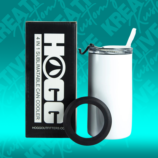 A white sublimation can cooler and tumbler with a black box and a rubber gasket ring.