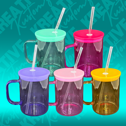 Five translucent jelly-style glass mugs with matching lids and straws in various colors.