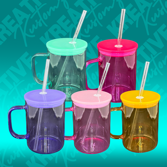 Five translucent jelly-style glass mugs with matching lids and straws in various colors.