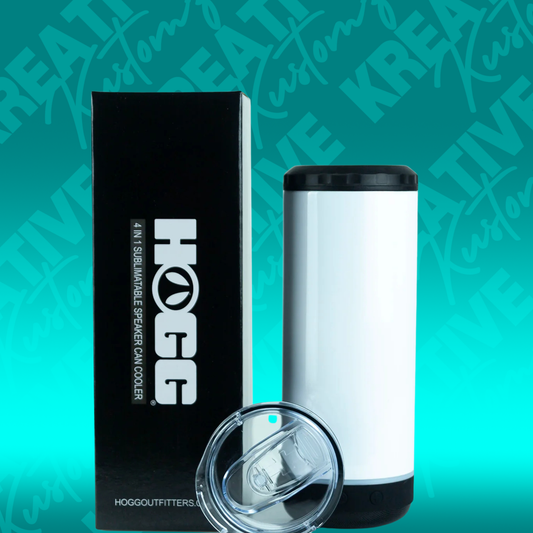 A white sublimatable speaker can cooler stands next to its black box and a clear sliding lid.