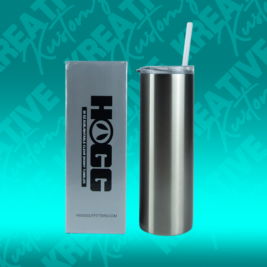 A 20oz metallic finish skinny tumbler with a clear lid and straw next to its product box.