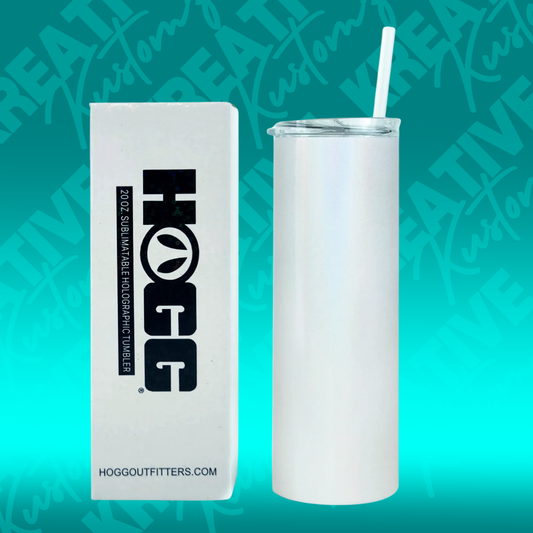 A 20oz white holographic sublimation skinny tumbler shown next to its branded packaging.
