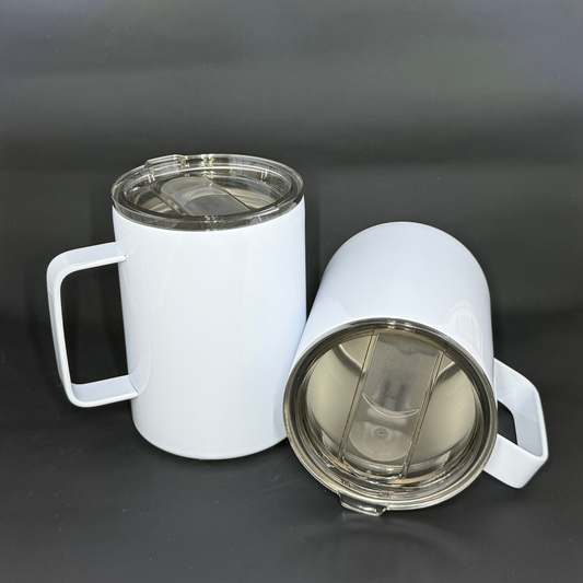 Two white 10oz sublimation coffee mugs with handles and clear sliding lids on a black background.
