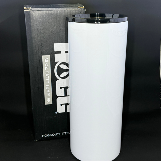 A white 30-ounce HOGG fatty tumbler stands next to its black product box.