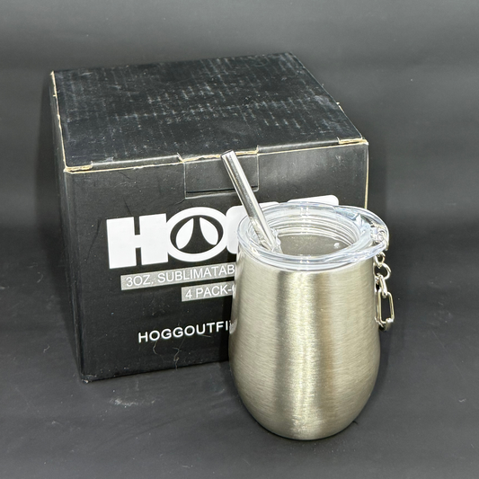 A 3oz stainless steel mini tumbler with a clear lid, keychain attachment, and metal straw.