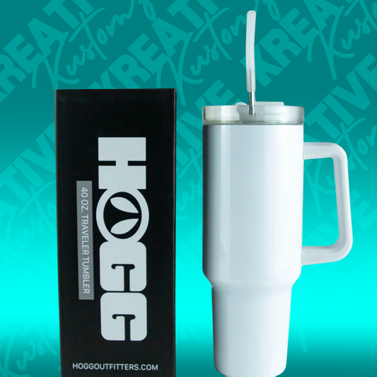 A white 40oz stainless steel traveler tumbler with a handle and straw next to its product box.