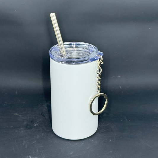 A white 3oz stainless steel sublimation mini tumbler with a clear lid, straw, and keychain.