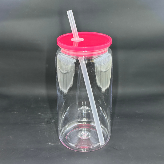 A clear 16oz acrylic beer can tumbler with a dark pink lid and a matching straw.