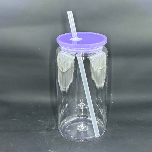 A clear 16oz acrylic beer can tumbler with a purple lid and a reusable straw.