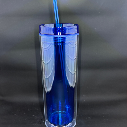 A dark blue double-wall acrylic skinny tumbler with a matching lid and straw.