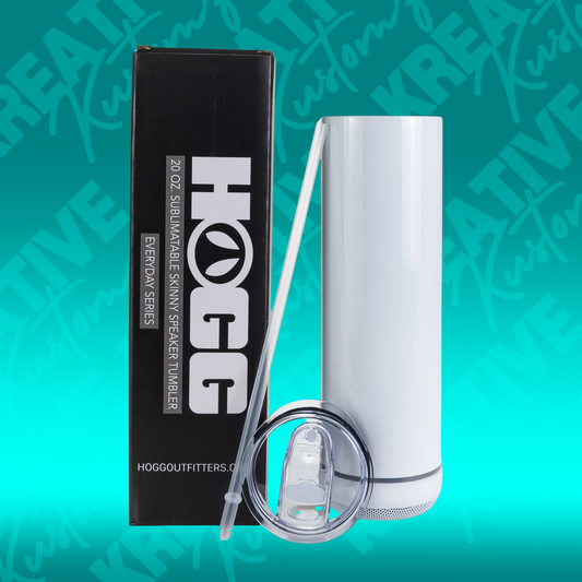 A white 20oz sublimation skinny speaker tumbler with a lid, straw, and its black product box.
