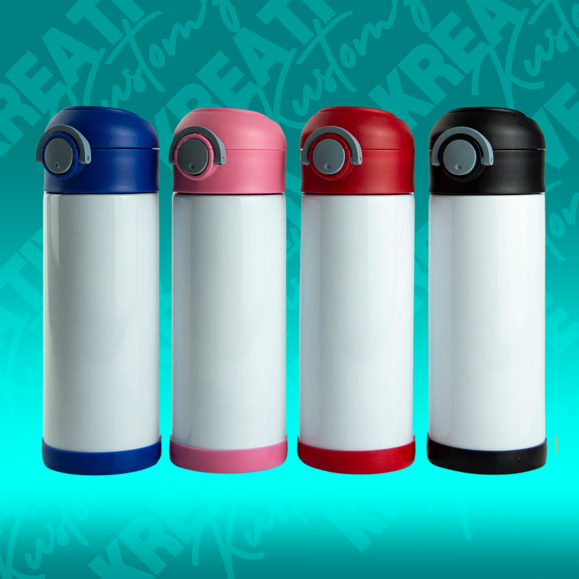 Four 12oz stainless steel sublimation sippy cups with flip-top lids in blue, pink, red, and black.