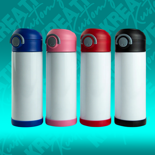 Four 12oz stainless steel sublimation sippy cups with flip-top lids in blue, pink, red, and black.